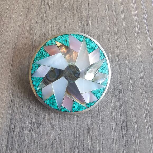 Vintage Alpaca Silver Mother of Pearl, Abalone & Crushed Turquoise Floral Brooch